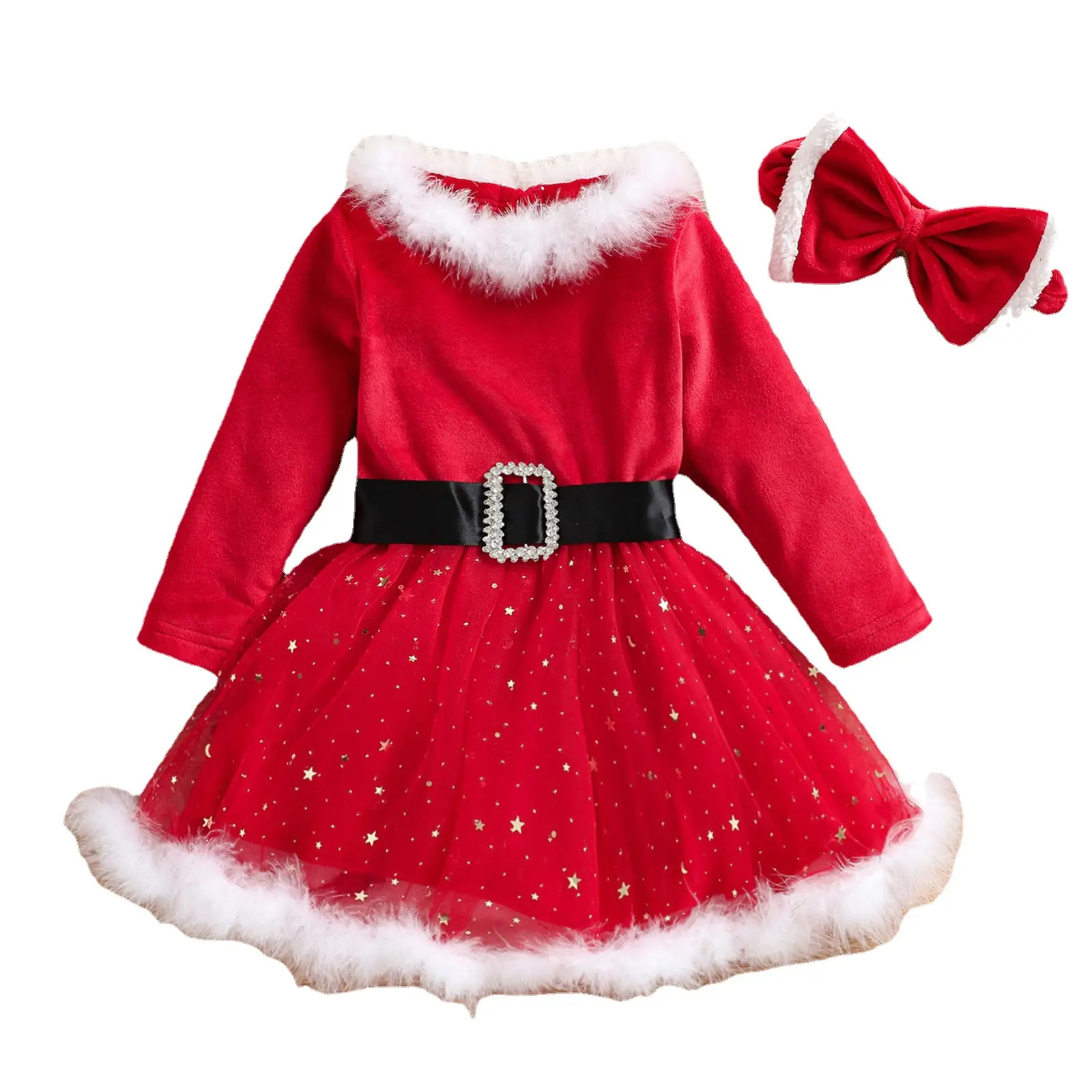Red Christmas Dress for Girls with Bow & Fur Trim - Image 4
