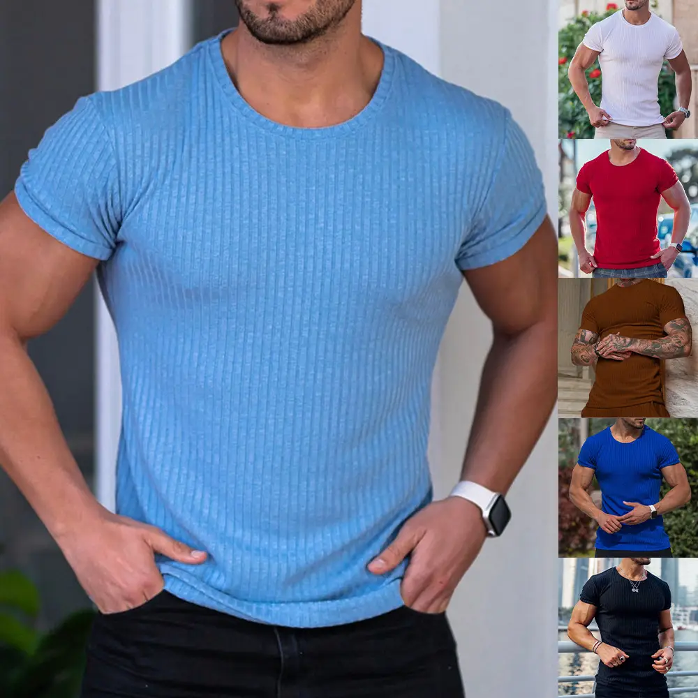 Men Blue Ribbed Short Sleeve Fitness T-Shirt Round Neck - Image 10