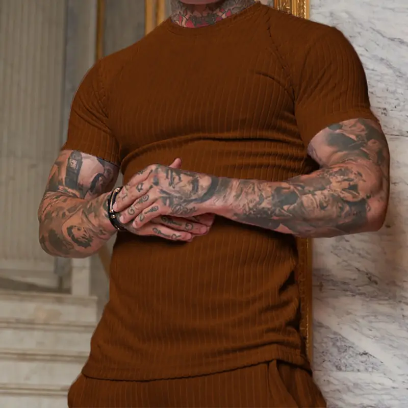 Men Blue Ribbed Short Sleeve Fitness T-Shirt Round Neck - Image 4