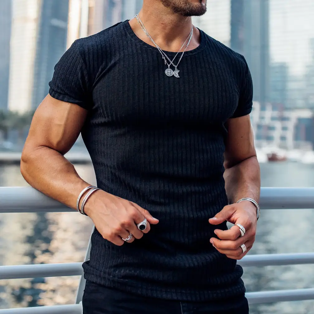 Men Blue Ribbed Short Sleeve Fitness T-Shirt Round Neck - Image 3