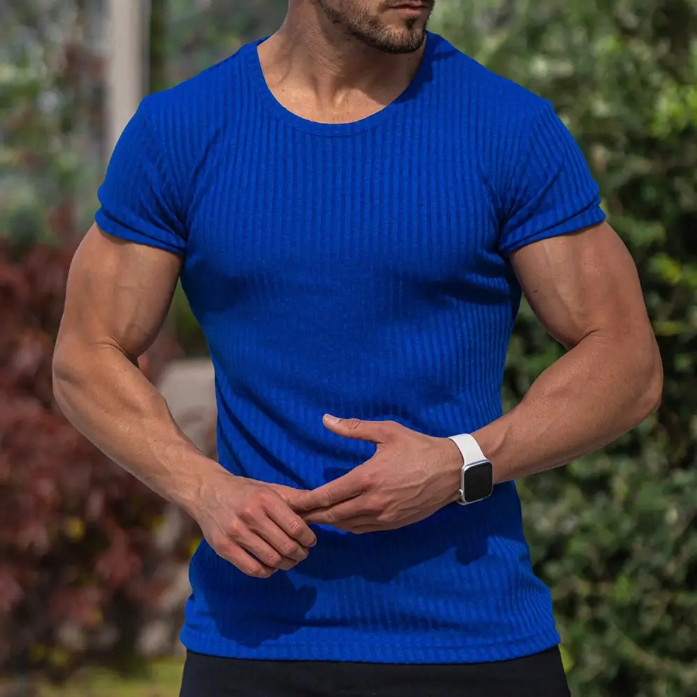 Men Blue Ribbed Short Sleeve Fitness T-Shirt Round Neck - Image 11