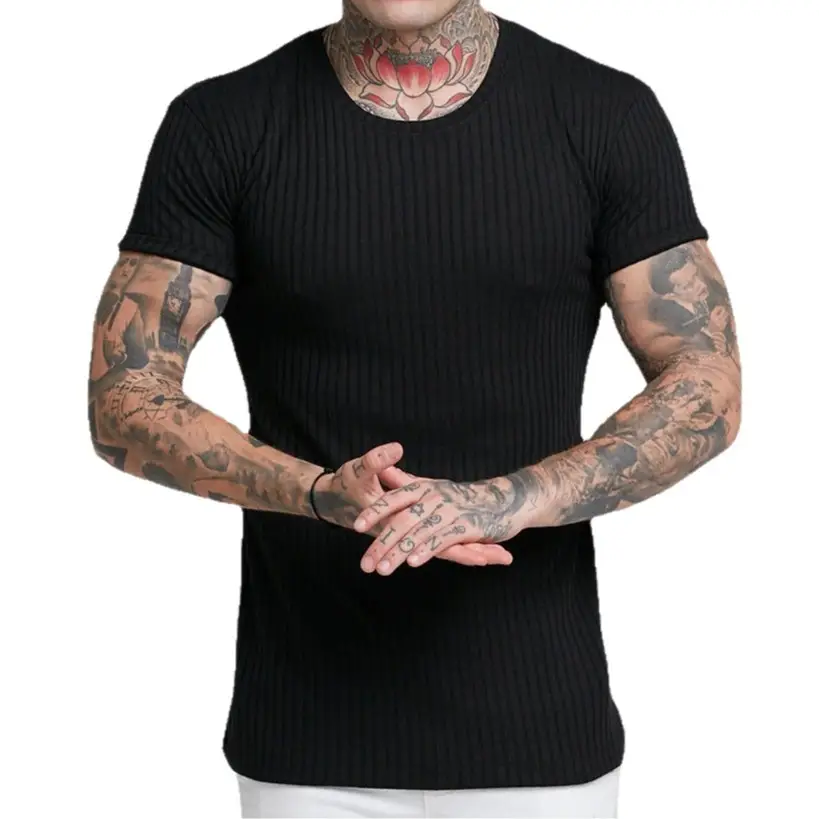Men Blue Ribbed Short Sleeve Fitness T-Shirt Round Neck - Image 12