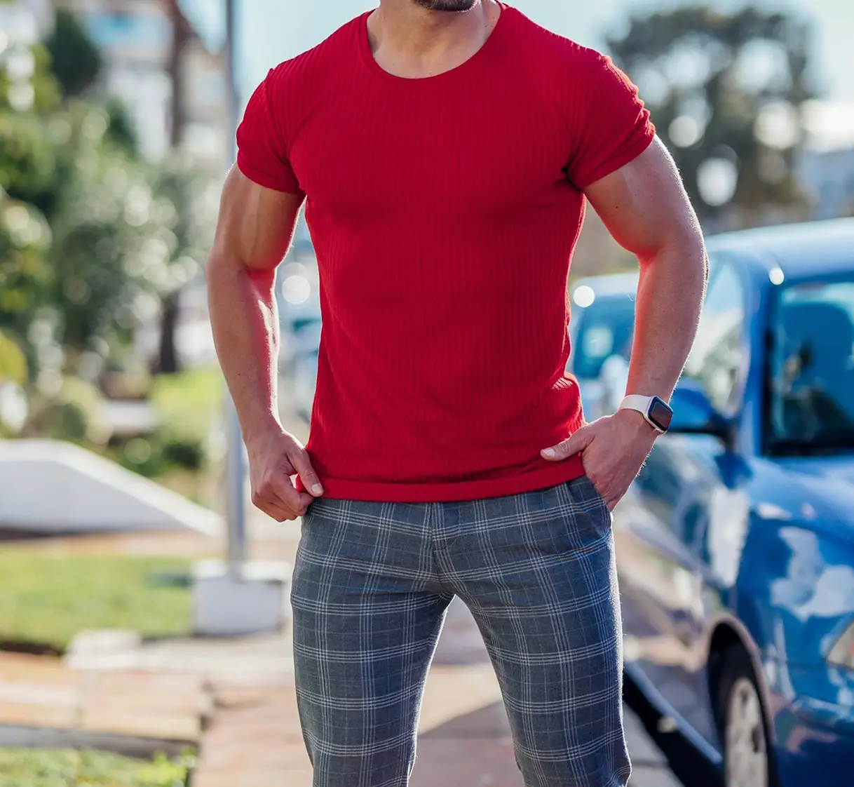 Men Blue Ribbed Short Sleeve Fitness T-Shirt Round Neck — feature 1
