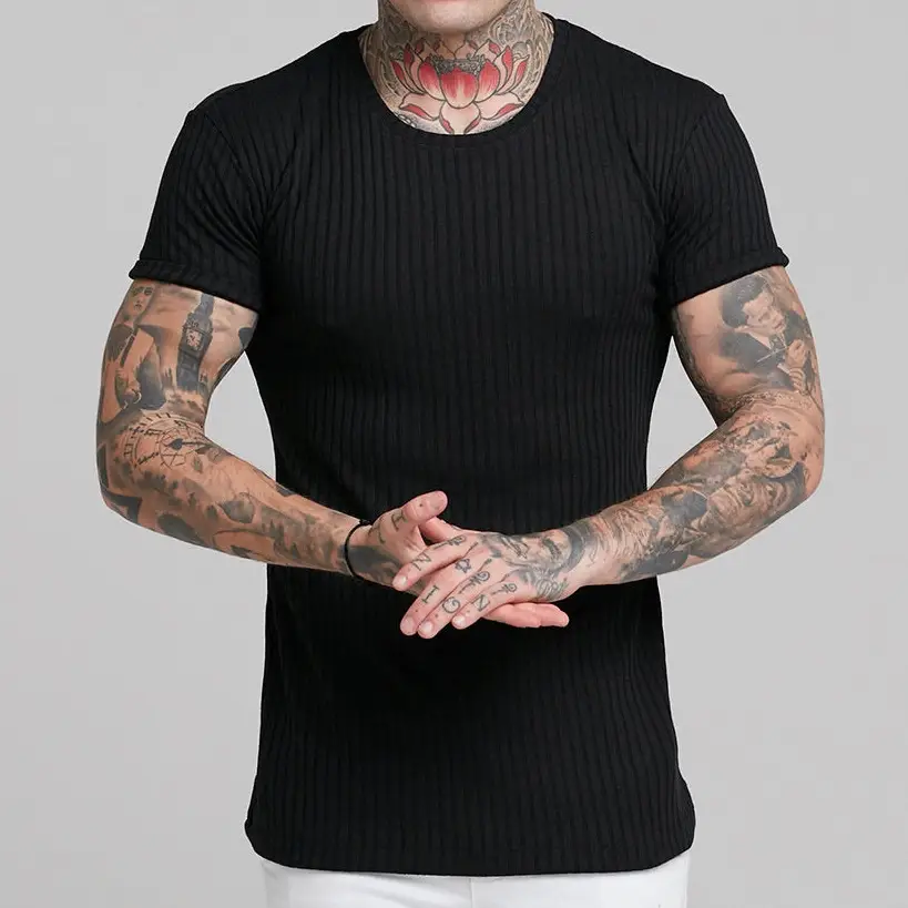 Men Blue Ribbed Short Sleeve Fitness T-Shirt Round Neck — feature 10