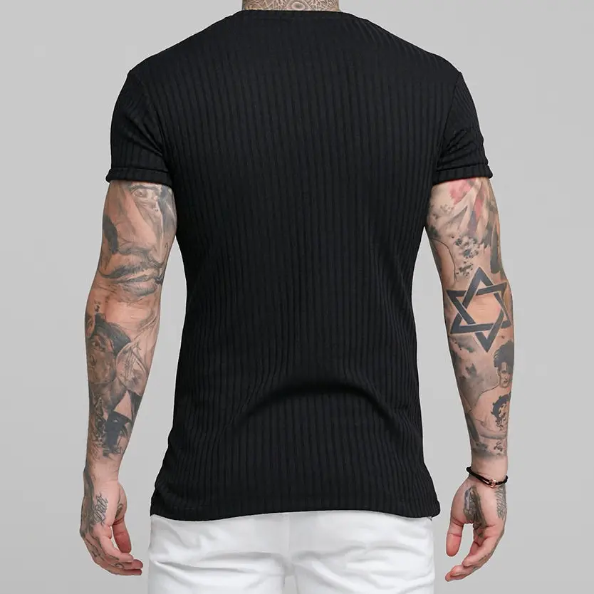 Men Blue Ribbed Short Sleeve Fitness T-Shirt Round Neck — feature 11