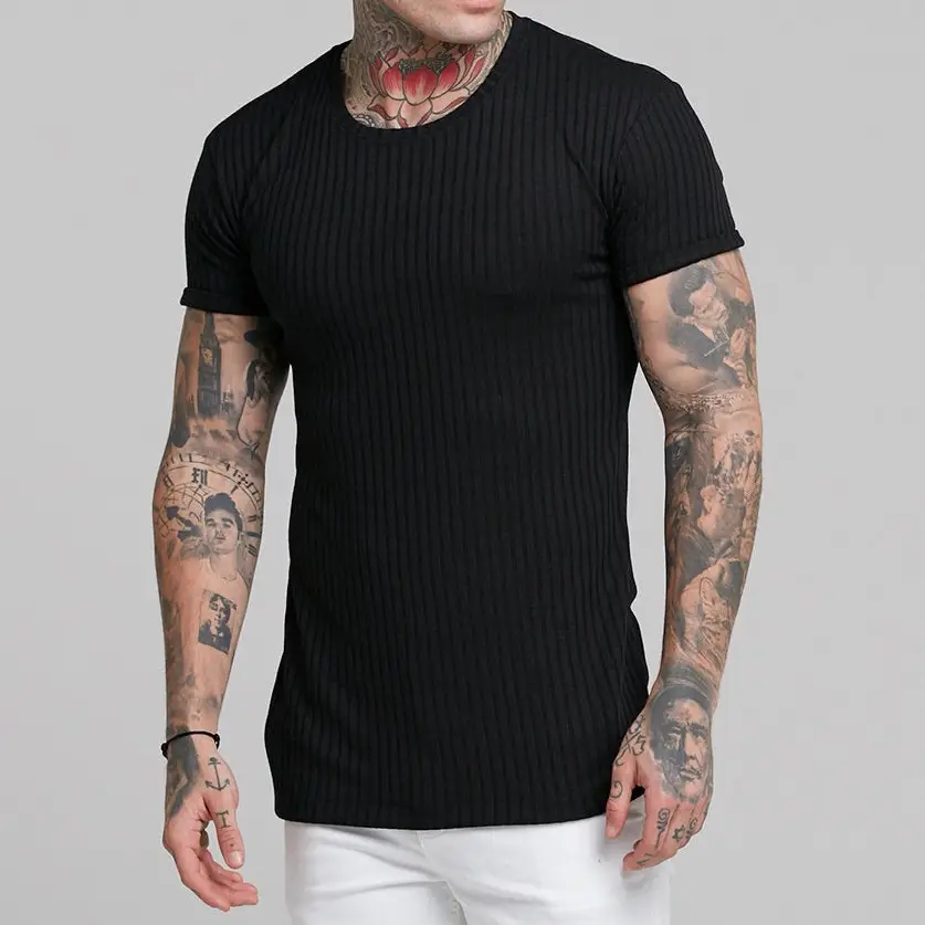 Men Blue Ribbed Short Sleeve Fitness T-Shirt Round Neck — feature 12