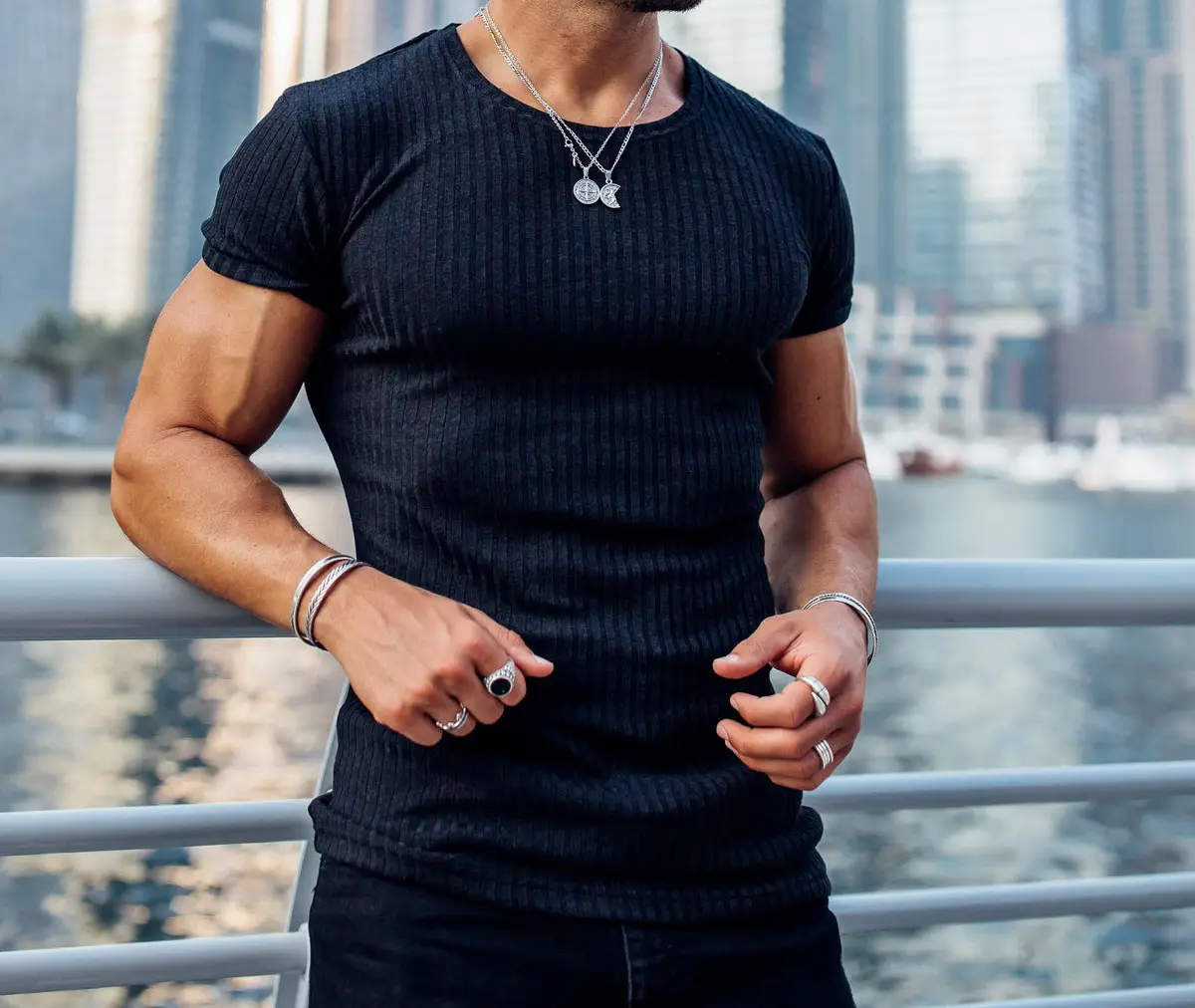 Men Blue Ribbed Short Sleeve Fitness T-Shirt Round Neck — feature 13