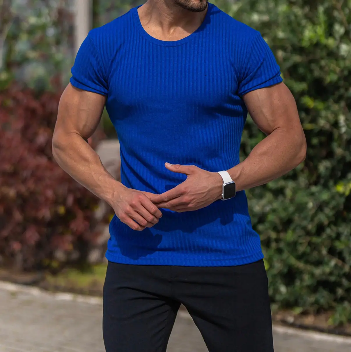 Men Blue Ribbed Short Sleeve Fitness T-Shirt Round Neck — feature 14