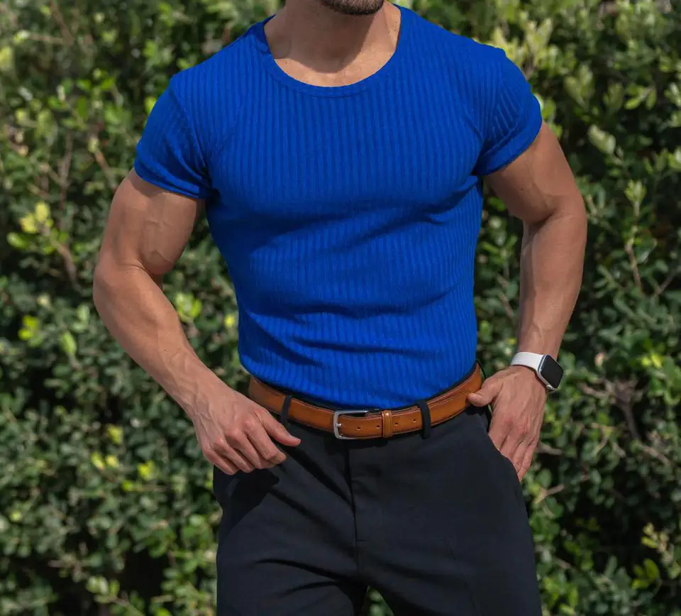 Men Blue Ribbed Short Sleeve Fitness T-Shirt Round Neck — feature 15