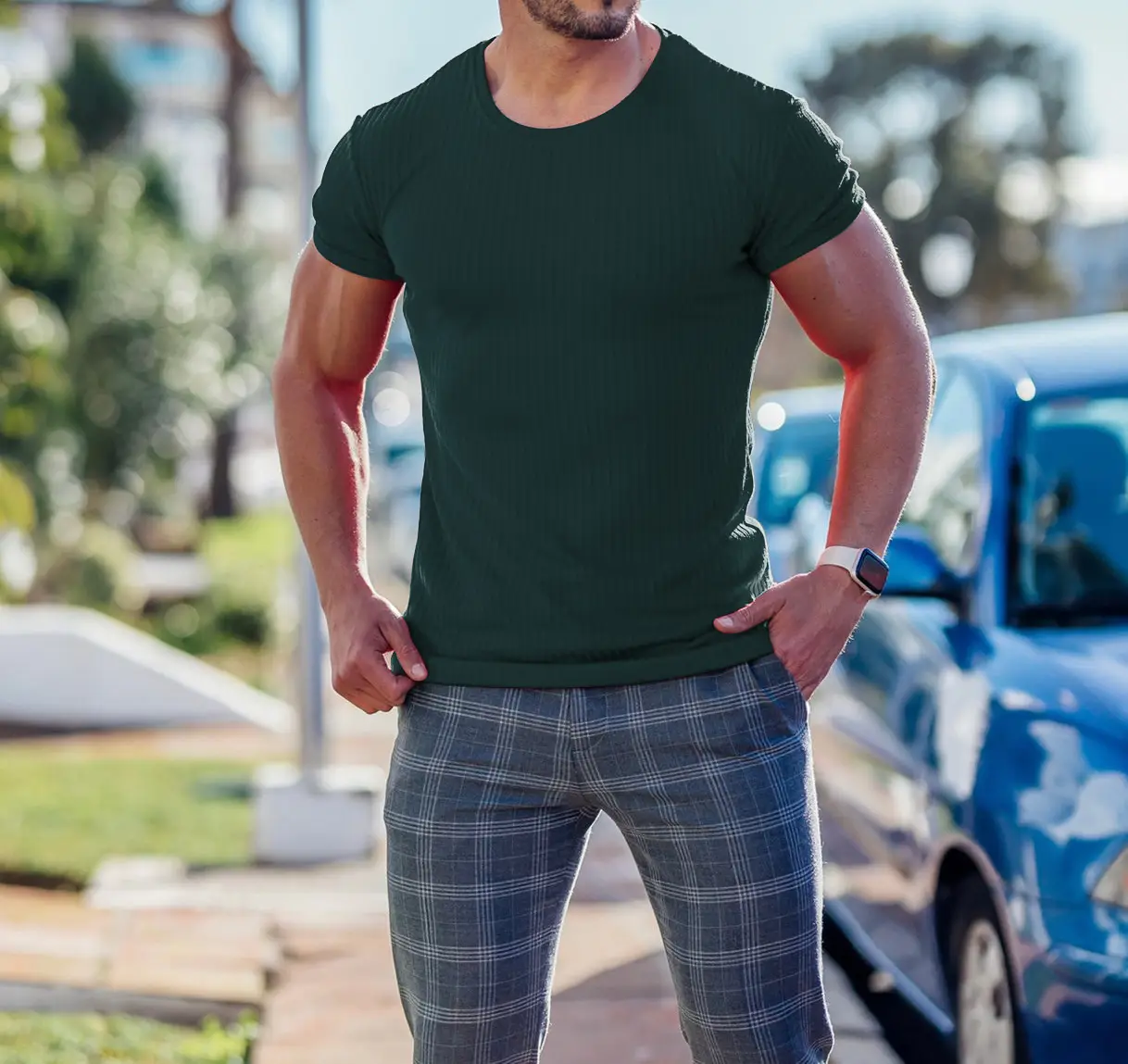Men Blue Ribbed Short Sleeve Fitness T-Shirt Round Neck — feature 17