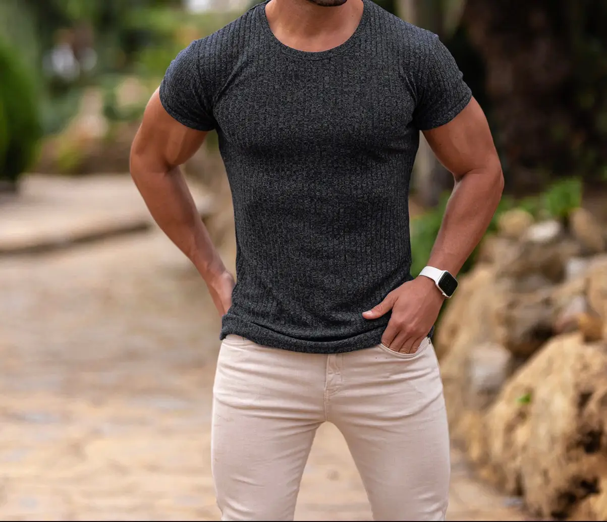 Men Blue Ribbed Short Sleeve Fitness T-Shirt Round Neck — feature 19