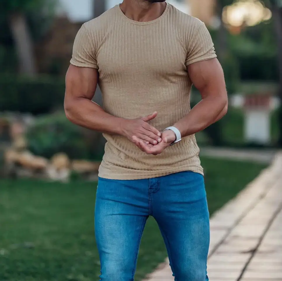 Men Blue Ribbed Short Sleeve Fitness T-Shirt Round Neck — feature 22