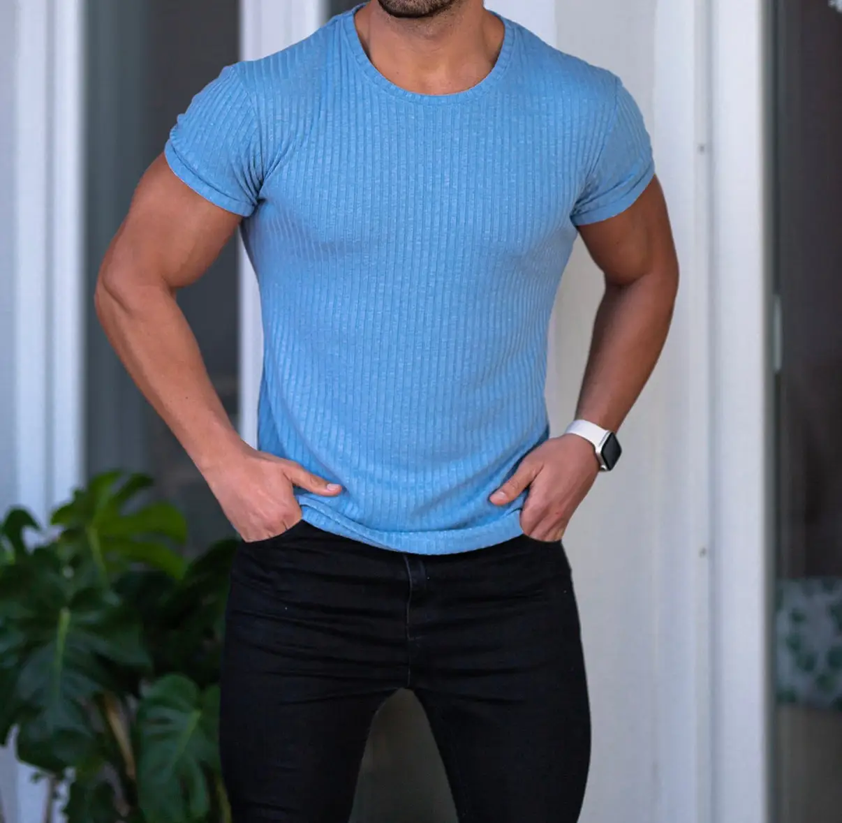 Men Blue Ribbed Short Sleeve Fitness T-Shirt Round Neck — feature 25