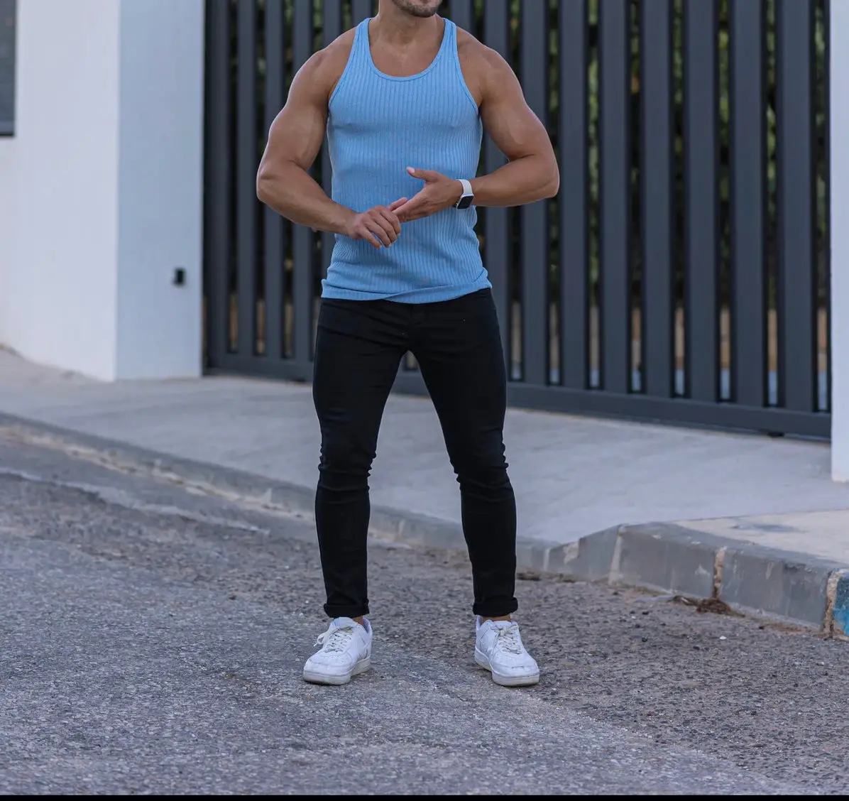 Men Blue Ribbed Short Sleeve Fitness T-Shirt Round Neck — feature 27