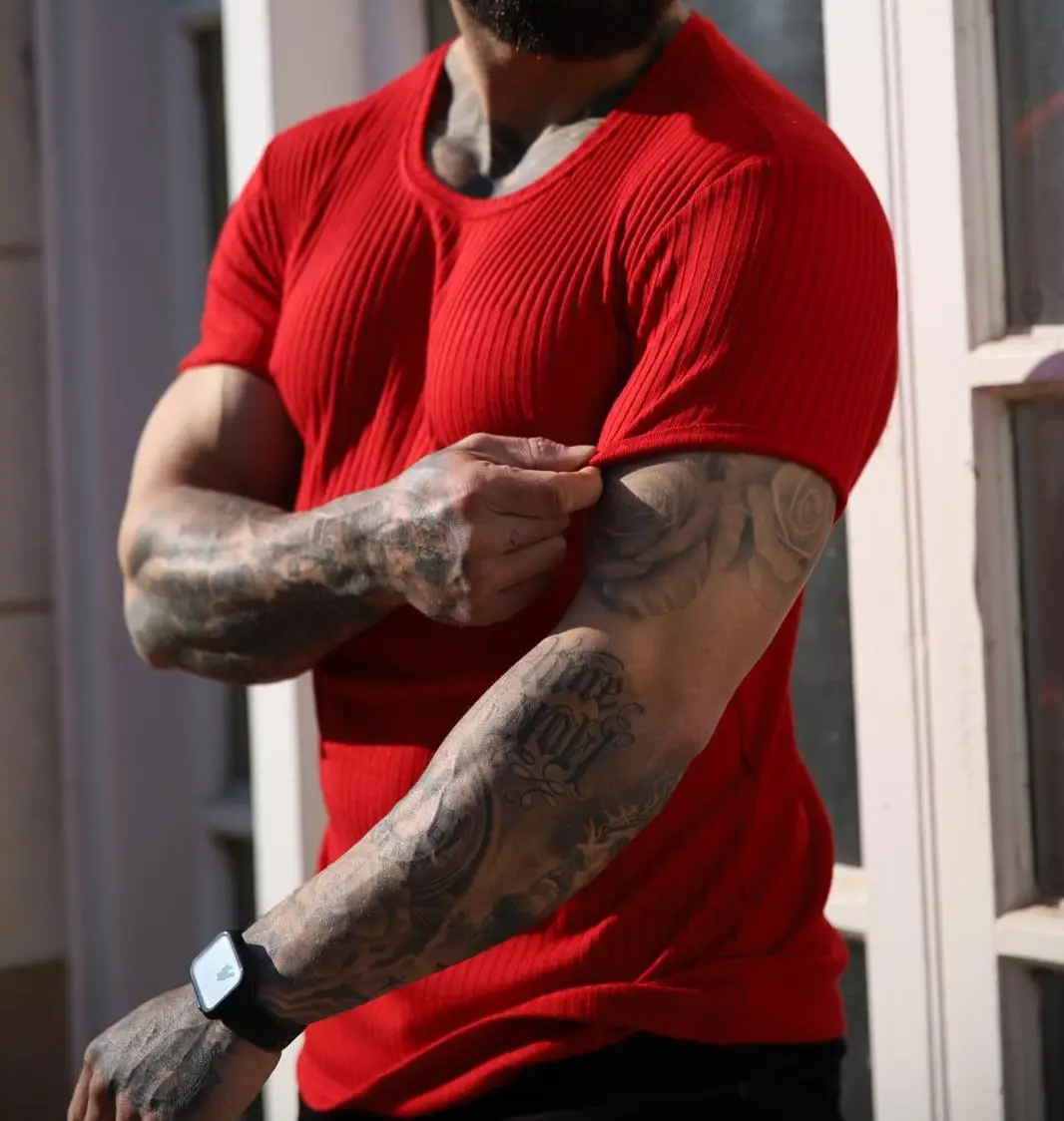 Men Blue Ribbed Short Sleeve Fitness T-Shirt Round Neck — feature 5
