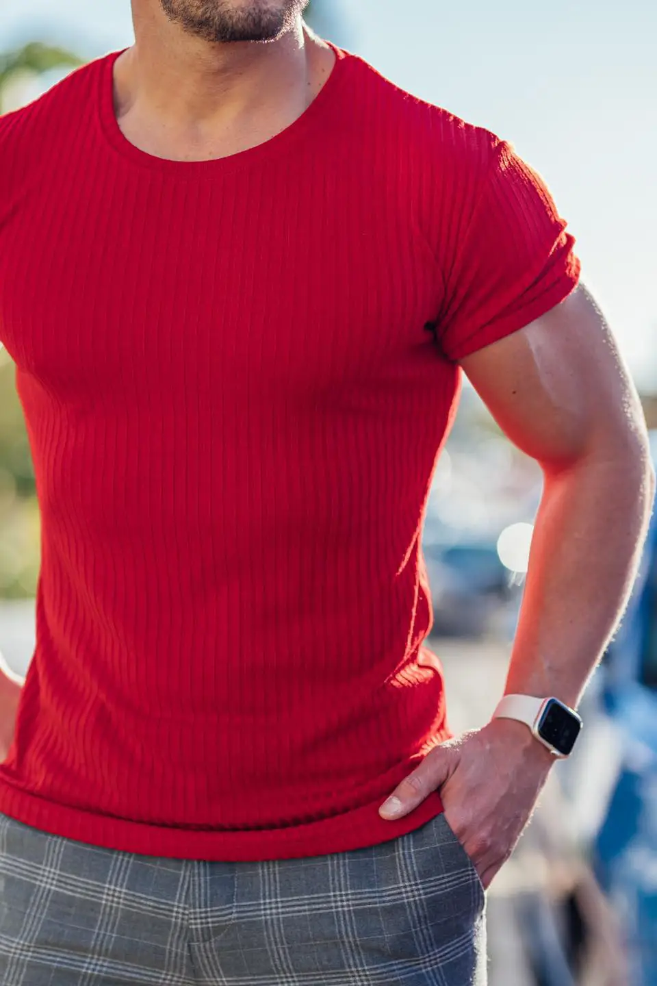 Men Blue Ribbed Short Sleeve Fitness T-Shirt Round Neck — feature 6