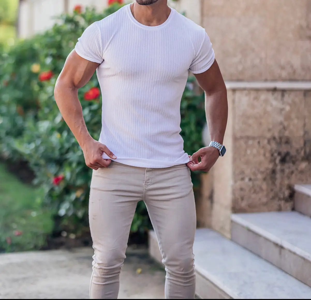 Men Blue Ribbed Short Sleeve Fitness T-Shirt Round Neck — feature 7