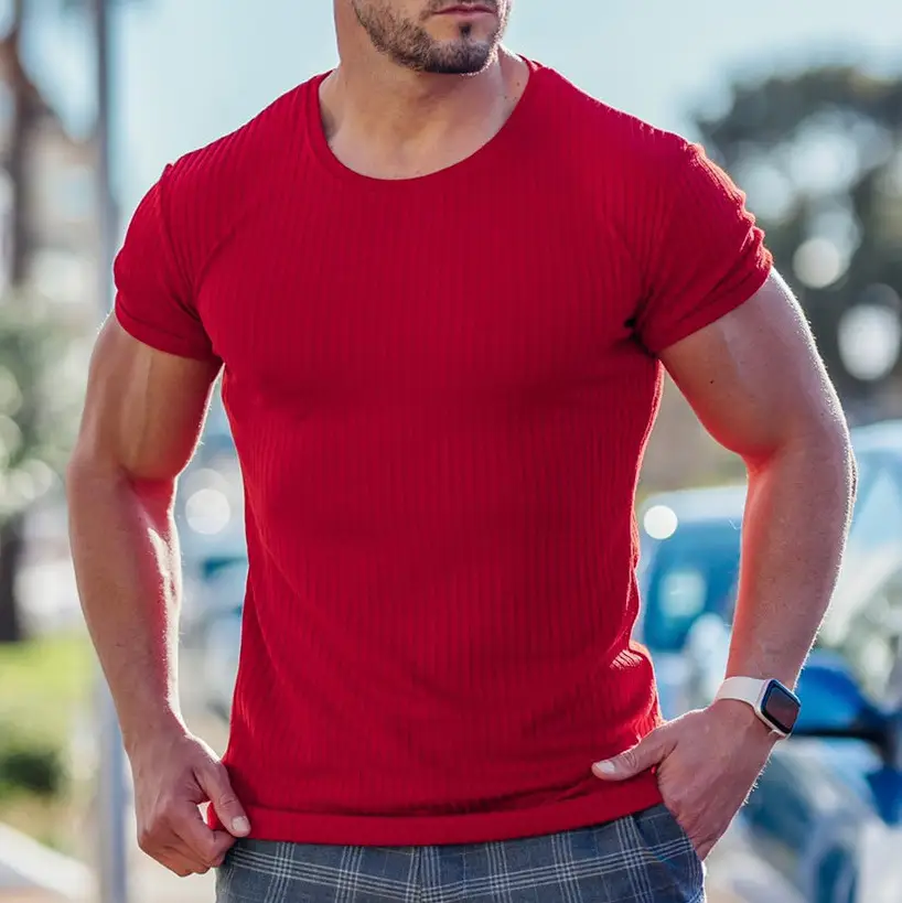 Men Blue Ribbed Short Sleeve Fitness T-Shirt Round Neck - Image 2