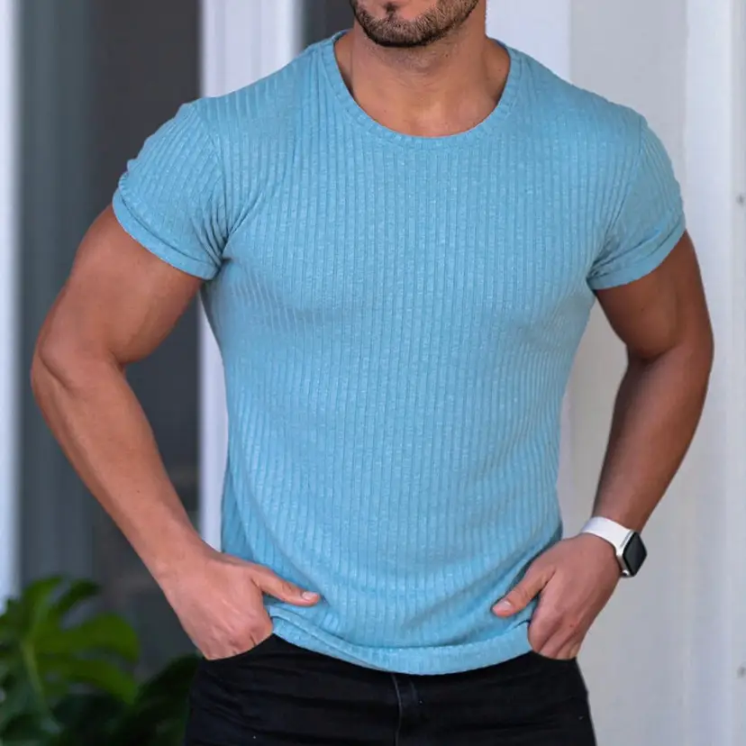 Men Blue Ribbed Short Sleeve Fitness T-Shirt Round Neck - Image 5