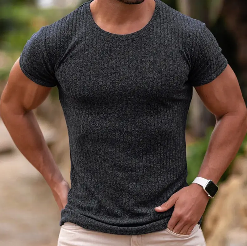 Men Blue Ribbed Short Sleeve Fitness T-Shirt Round Neck - Image 6