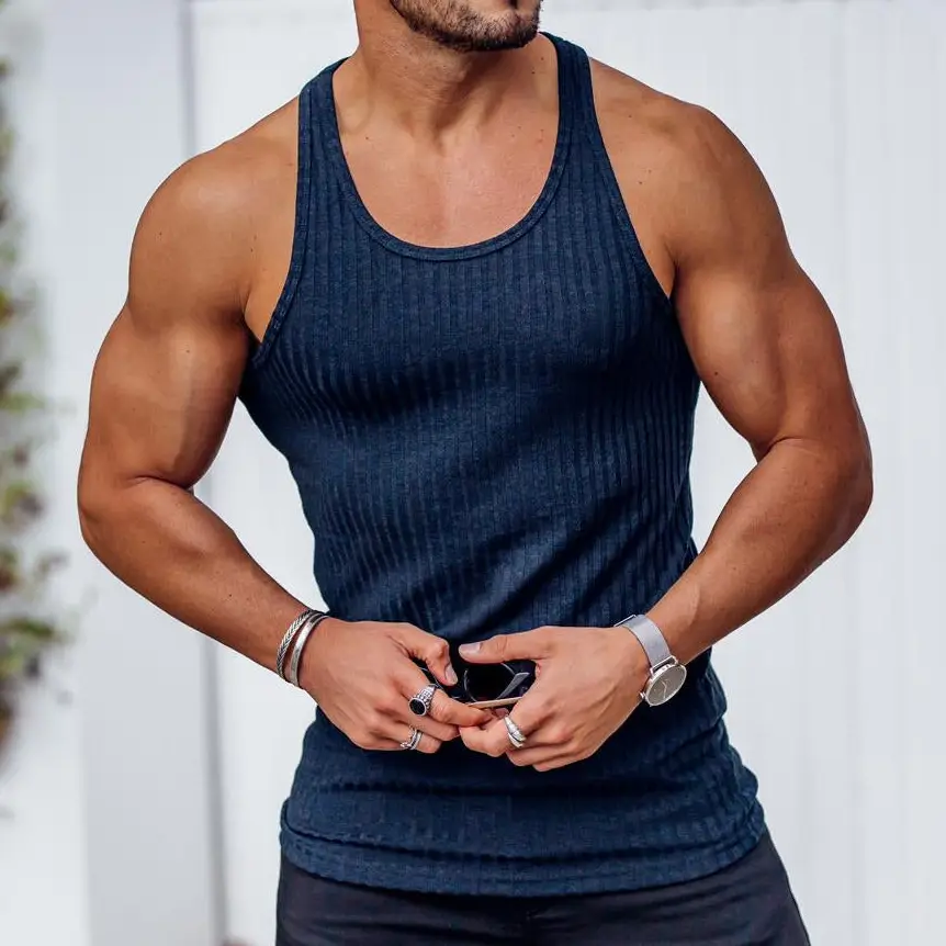 Men Blue Ribbed Short Sleeve Fitness T-Shirt Round Neck - Image 7