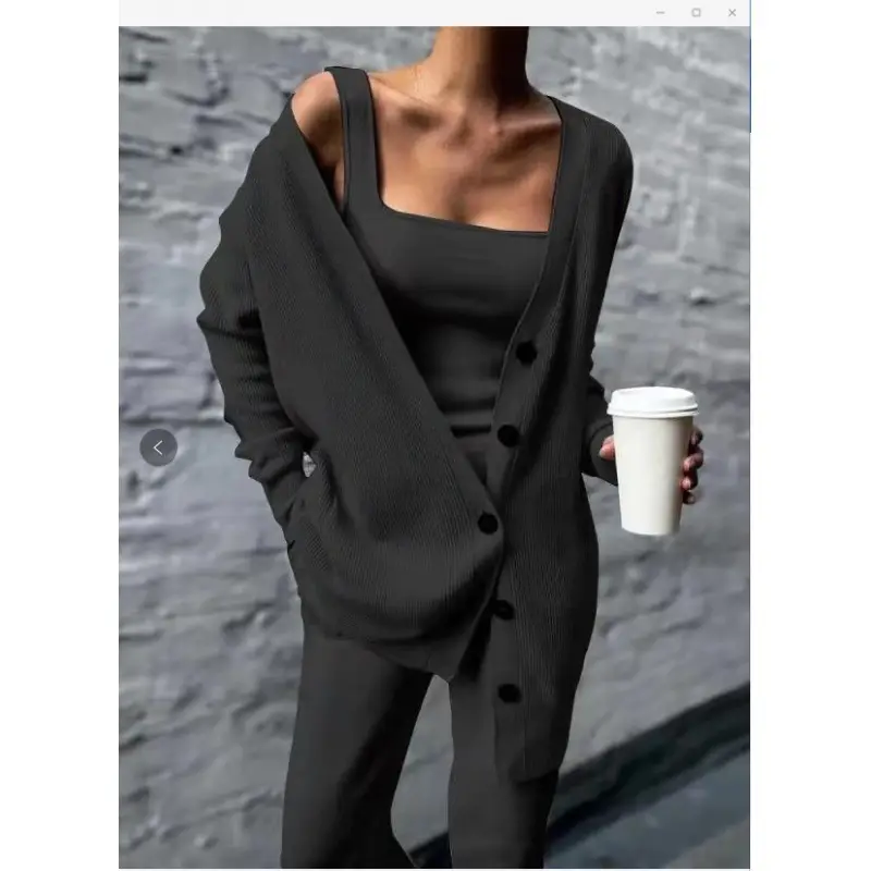 Women Knitted 3-Piece Suit Black Spring Autumn 2022 - Image 8