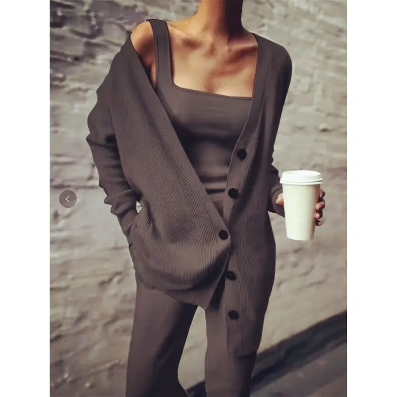 Knitted 3-Piece Women's Black Vest Pants Set