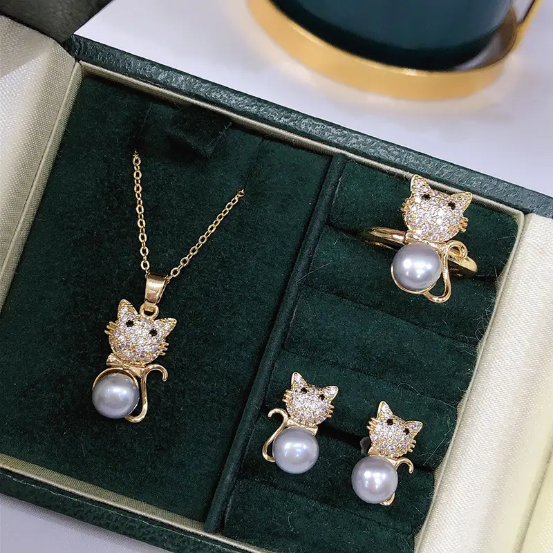 Copper Lucky Cat Pearl Earrings & Necklace Set - Image 2
