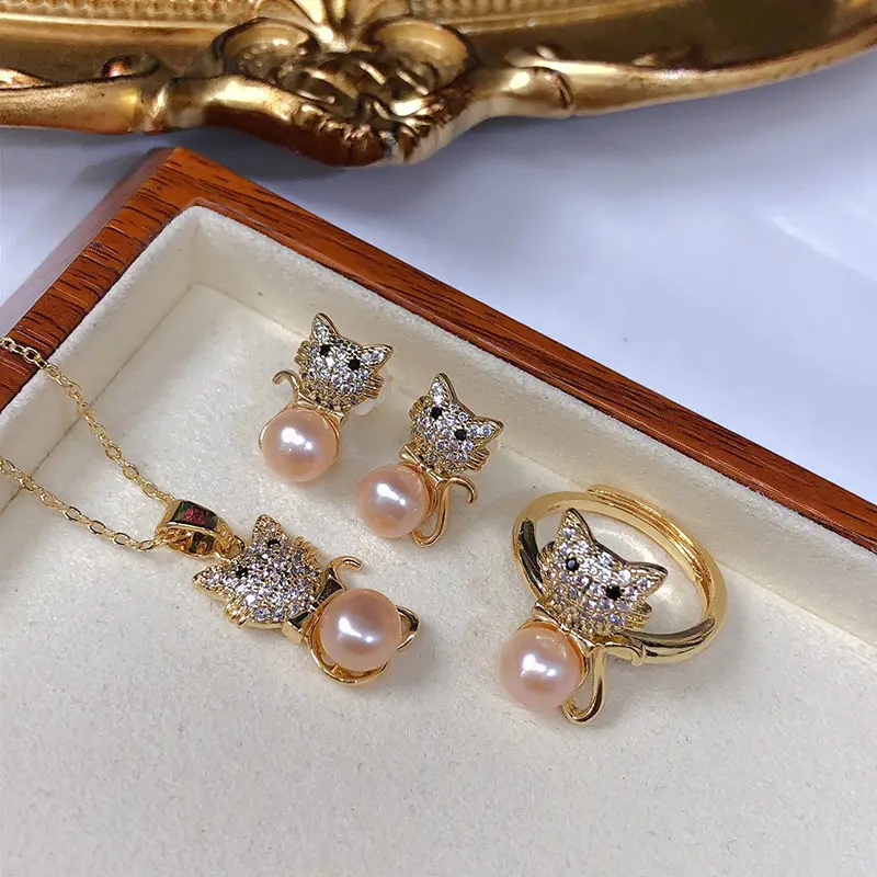 Copper Lucky Cat Pearl Earrings & Necklace Set - Image 4