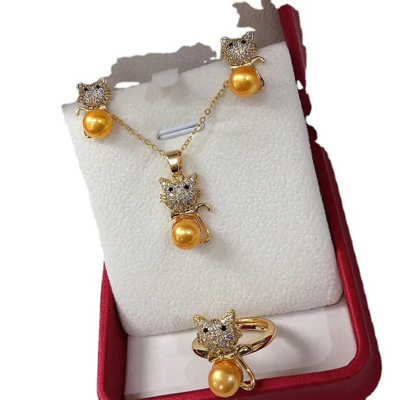 Copper Lucky Cat Pearl Earrings & Necklace Set - Image 7