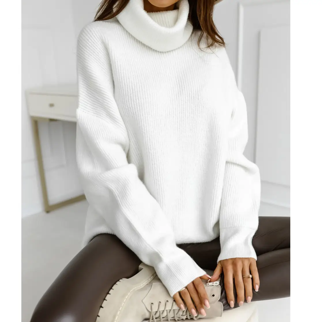 2023 New Cross-Border Pure Color Turtleneck Knitwear Loose Large Size — feature 12
