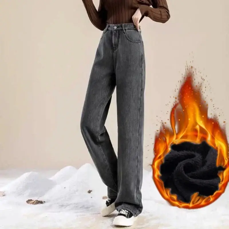 Warm Velvet-Lined Wide Leg Jeans Women - Image 9