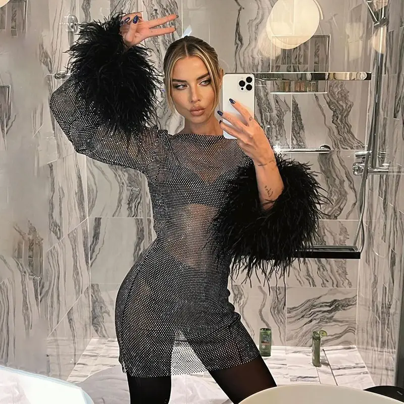Sexy Women's Dress with Glitter Mesh Fur Embroidery - Image 4
