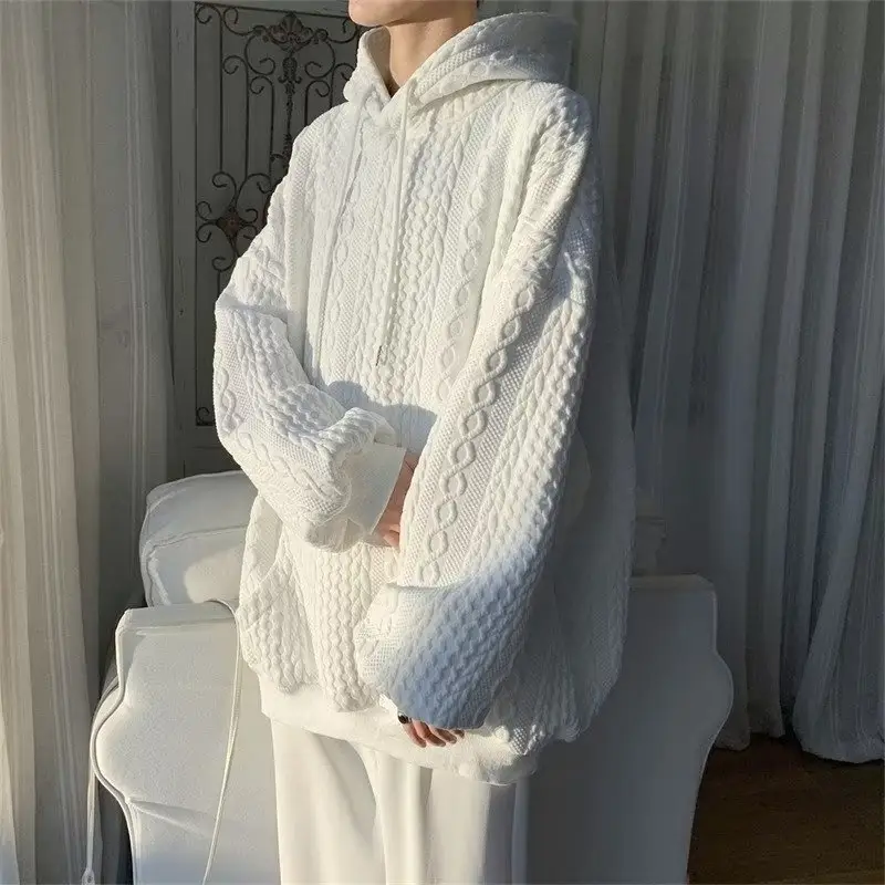 Men's White Knitted Hooded Hoodie Long Sleeve Spring Autumn - Image 3