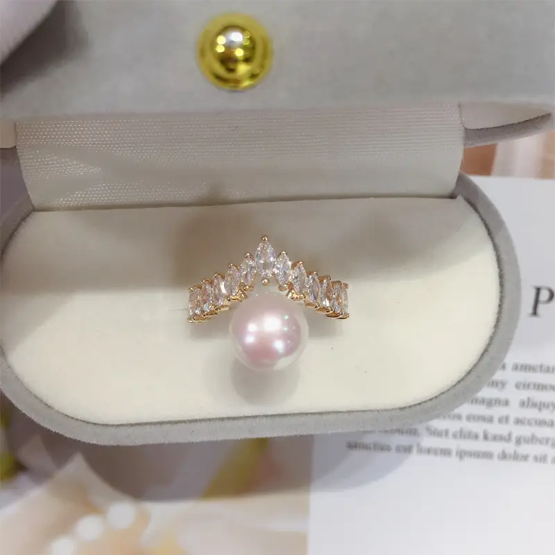 Atmospheric Zircon Pearl Crown Ring Gold Color - Image 6