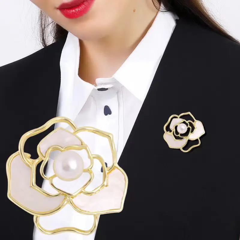 Natural Freshwater Pearl Camellia Brooch with Gold Plated Design - Image 4