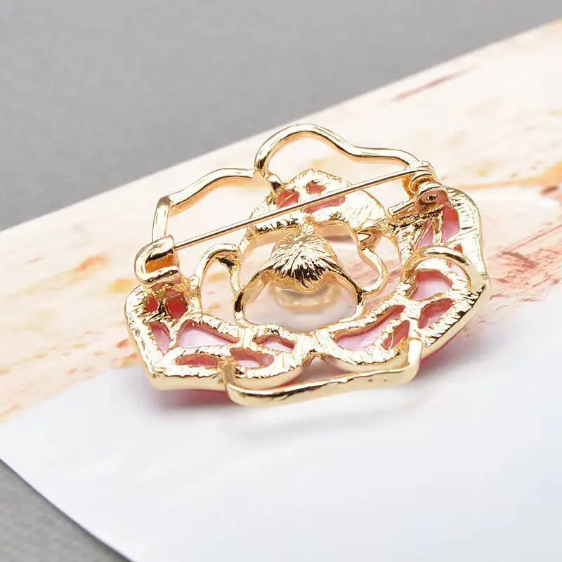 Natural Freshwater Pearl Camellia Brooch with Gold Plated Design - Image 5