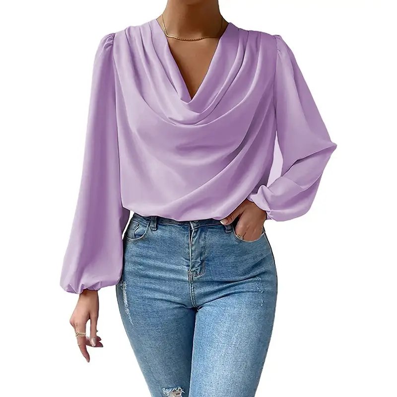 White Chiffon Long Sleeve V-Neck Top for Women - Image 41