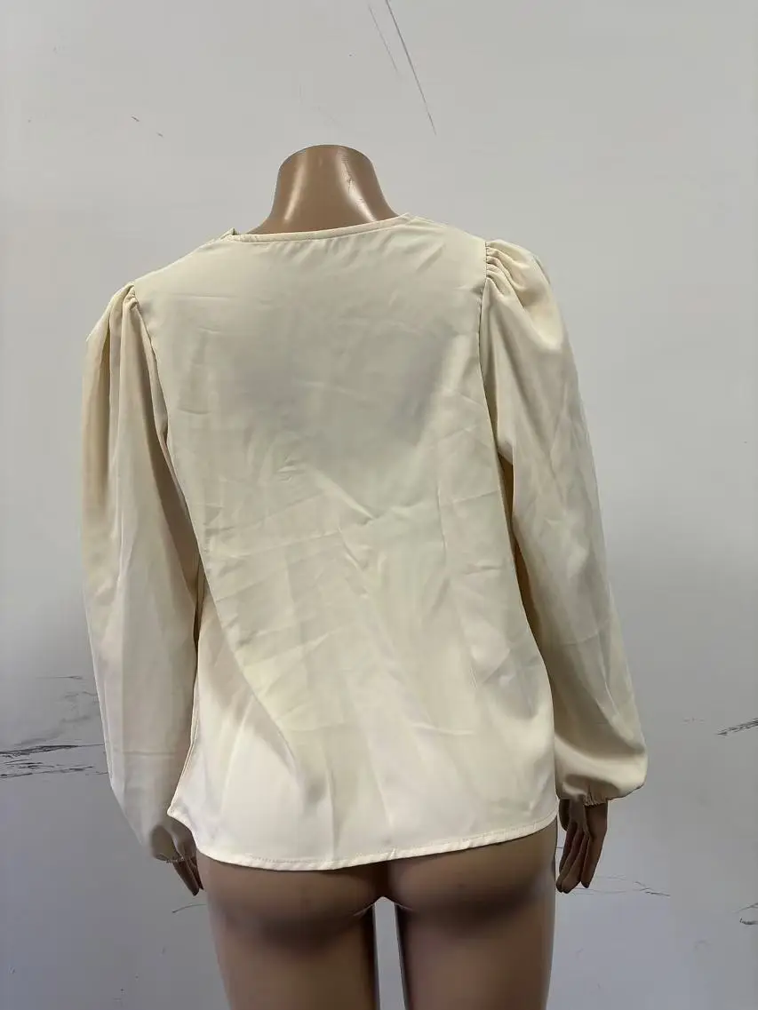 White Chiffon Long Sleeve V-Neck Top for Women — feature 23