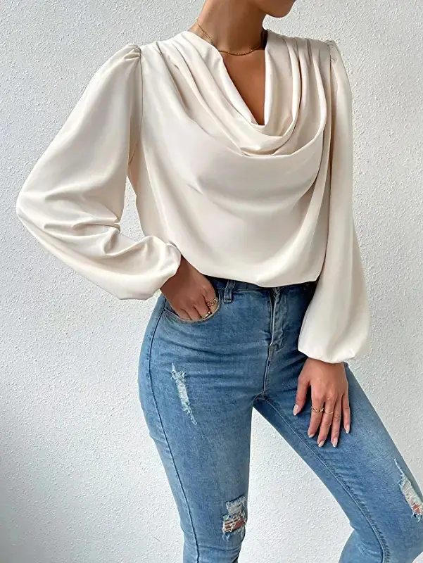 White Chiffon Long Sleeve V-Neck Top for Women — feature 28