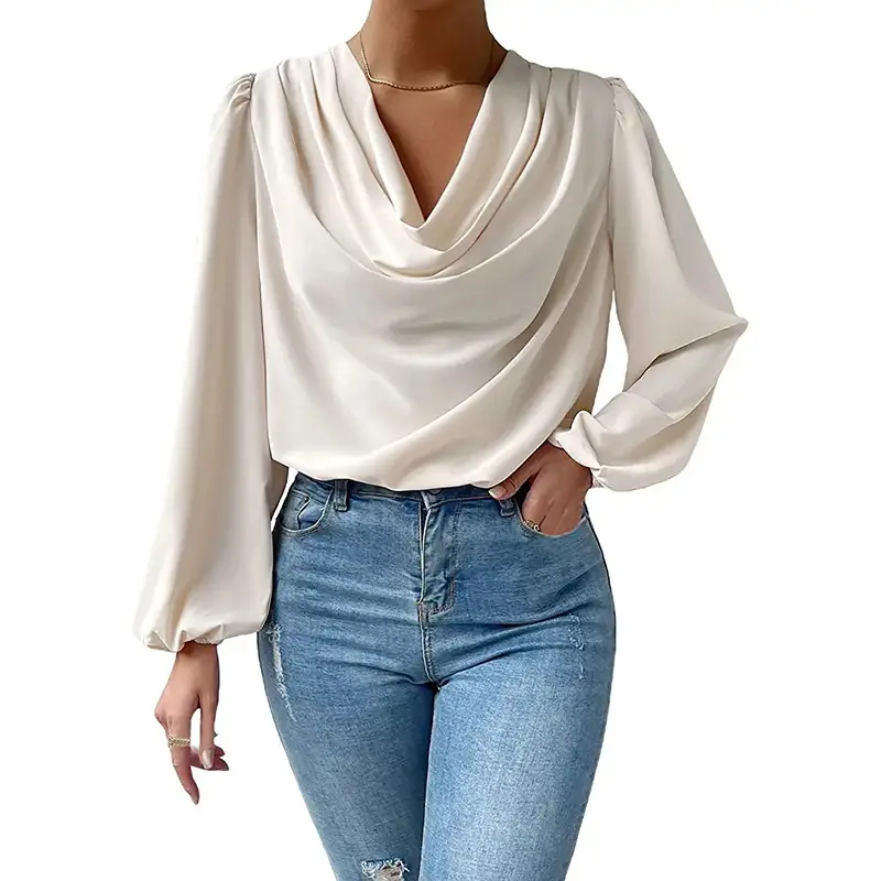 White Chiffon Long Sleeve V-Neck Top for Women — feature 32