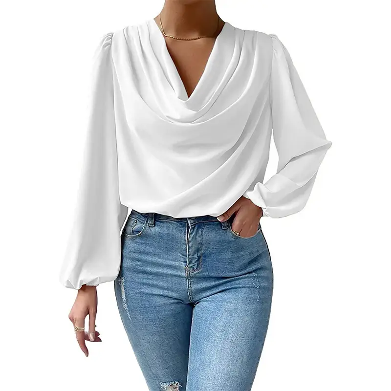 White Chiffon Long Sleeve V-Neck Top for Women — feature 33