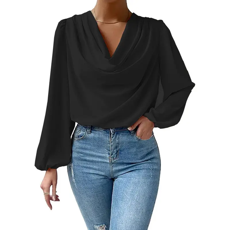 White Chiffon Long Sleeve V-Neck Top for Women — feature 37