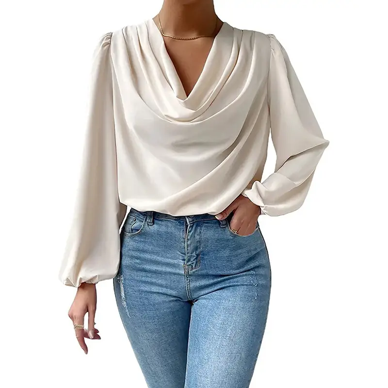 White Chiffon Long Sleeve V-Neck Top for Women - Image 20