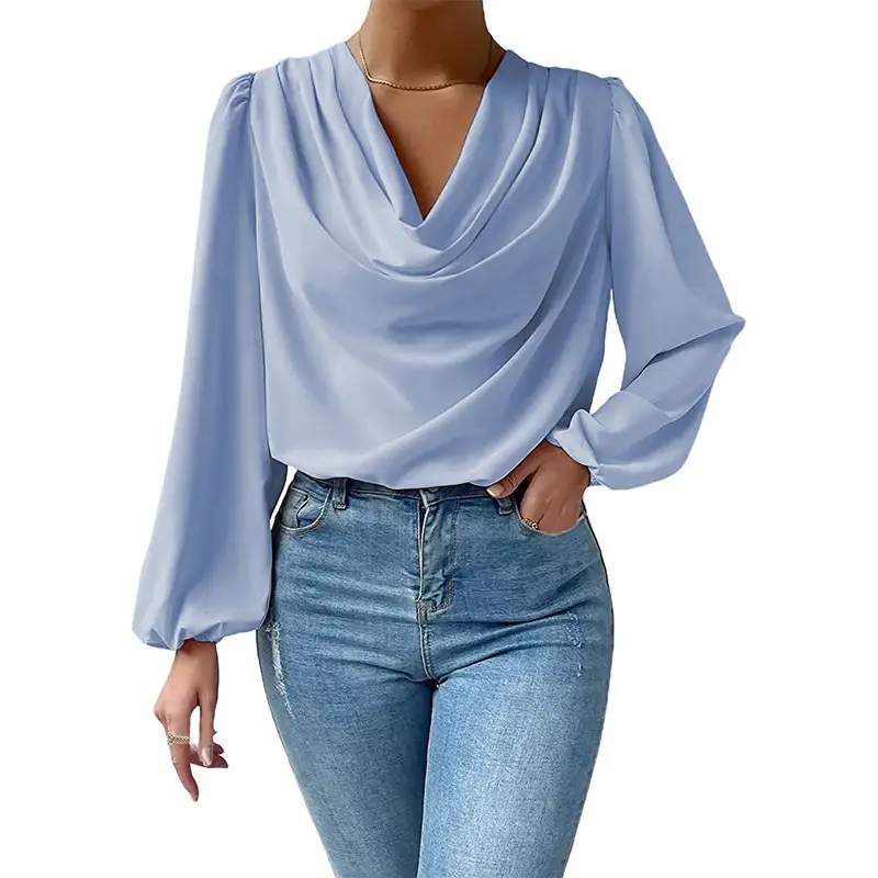 White Chiffon Long Sleeve V-Neck Top for Women - Image 30
