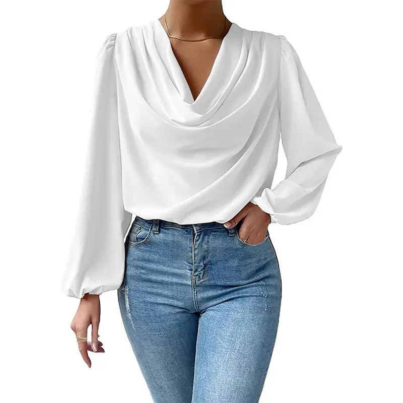 White Chiffon Long Sleeve V-Neck Top for Women - Image 6
