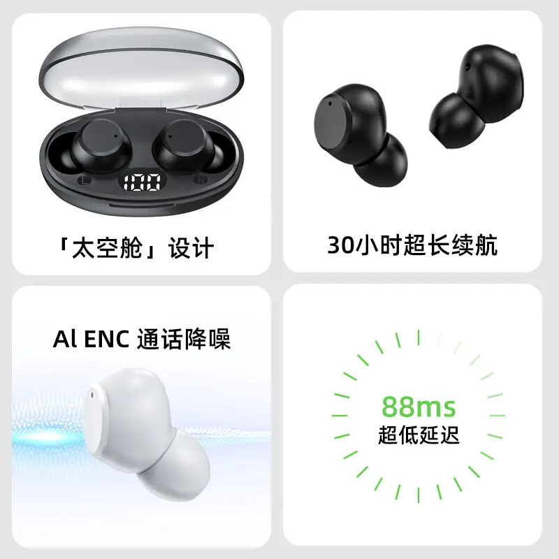 Wireless Bluetooth 5.3 Earphones Space Capsule Bean Style Black - Image 6