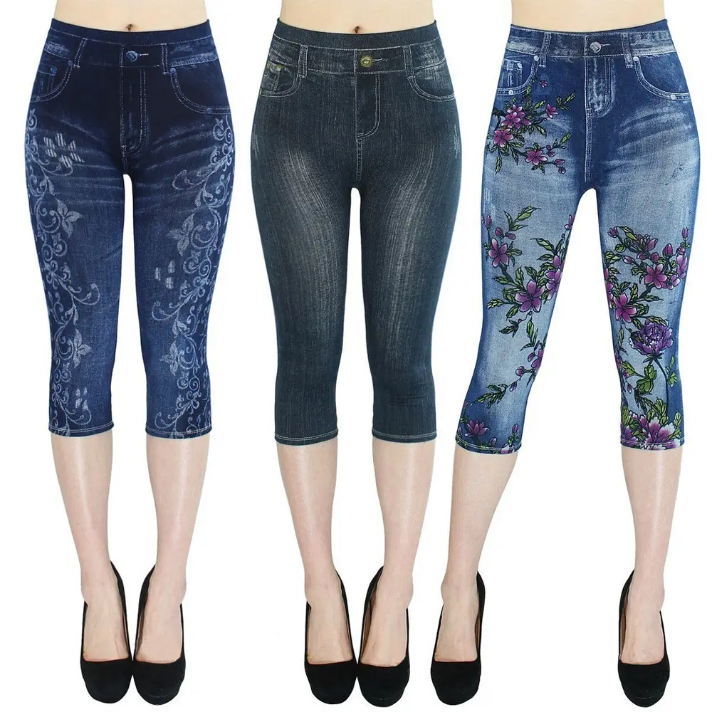 Women Floral Capri Jeans High Waist Slim Fit