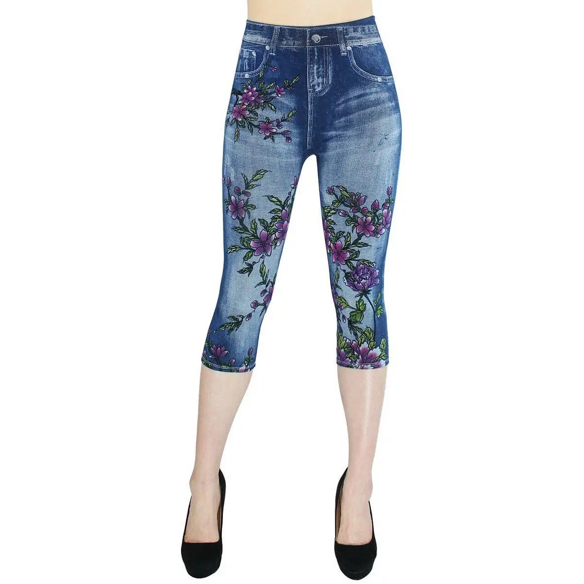 Women Floral Capri Jeans High Waist Slim Fit