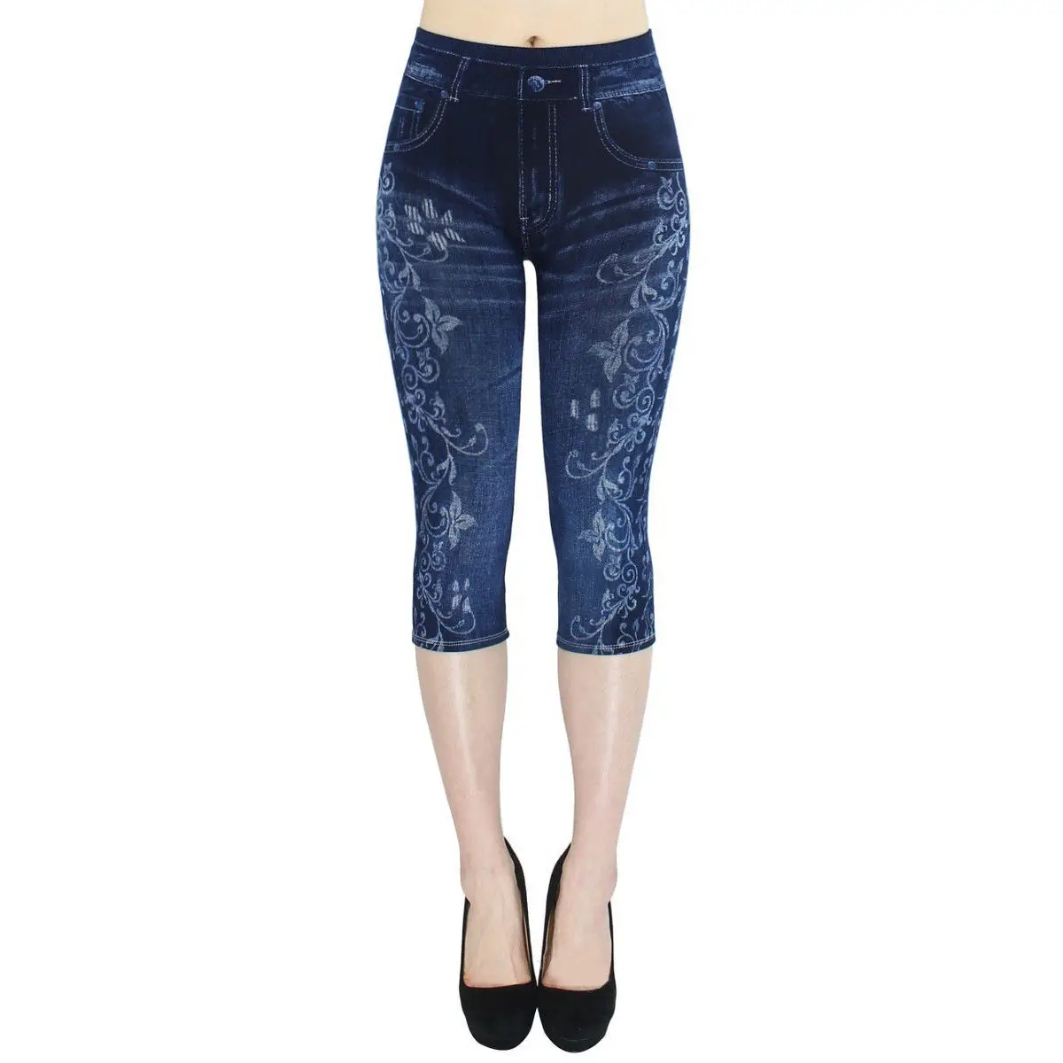 Women Floral Capri Jeans High Waist Slim Fit